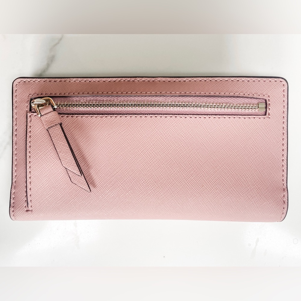 Kate Spade New York Pink Saffiano Leather Snap Wallet w/ ID Window & Zip Pocket - Picture 4 of 4